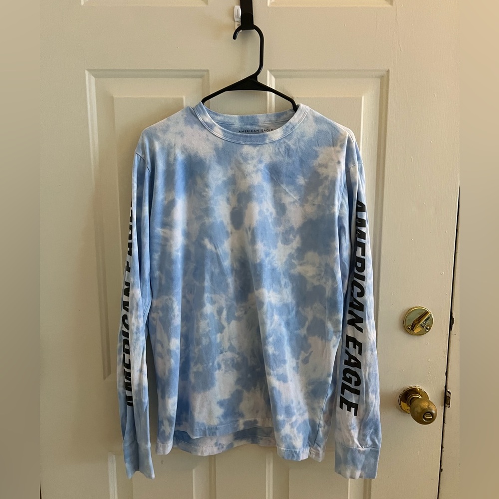 American Eagle .77 Men’s Long Sleeve Tie Dye Design Logo Blue White Size Medium